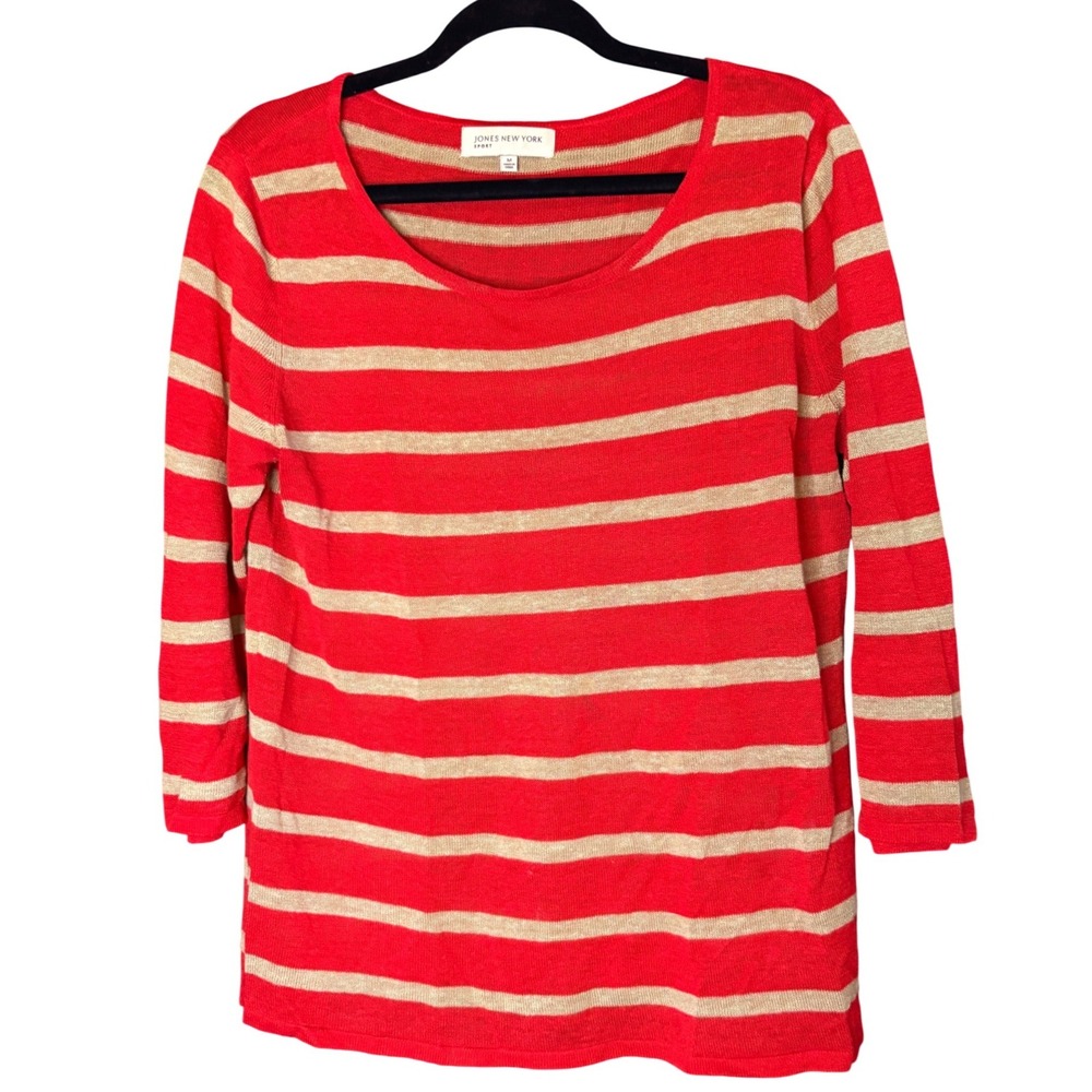 Jones New‎ York Sport Red Gold Striped Linen Blend 3/4 Sleeve Sweater Medium